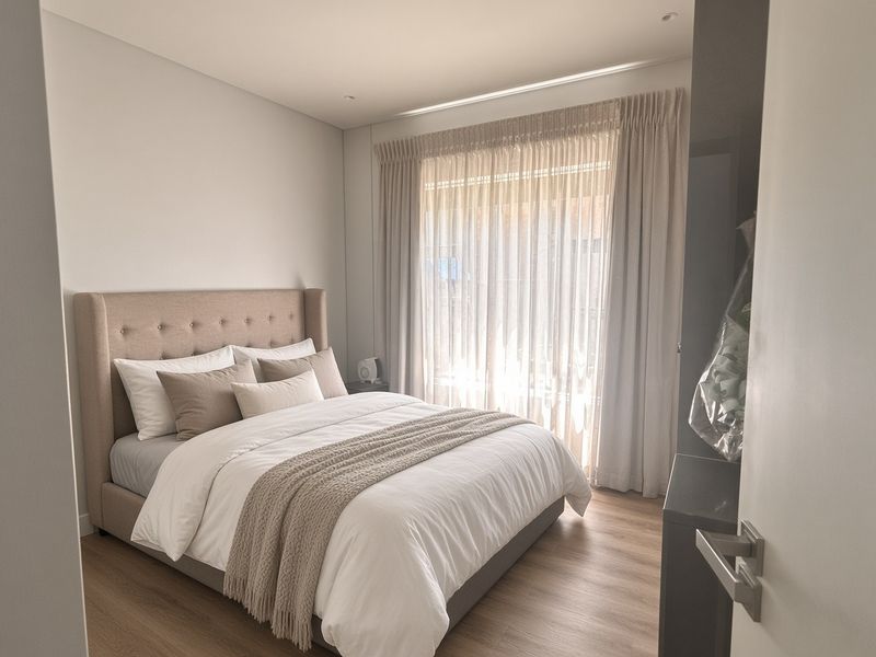 A well-maintained bedroom featuring modern laminate flooring, recessed ceiling lighting, and floor-to-ceiling curtains providing natural light.