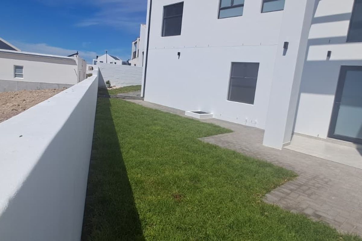 Rear exterior view showing a paved patio area, a small lawn, and a high boundary wall against a modern white building facade.