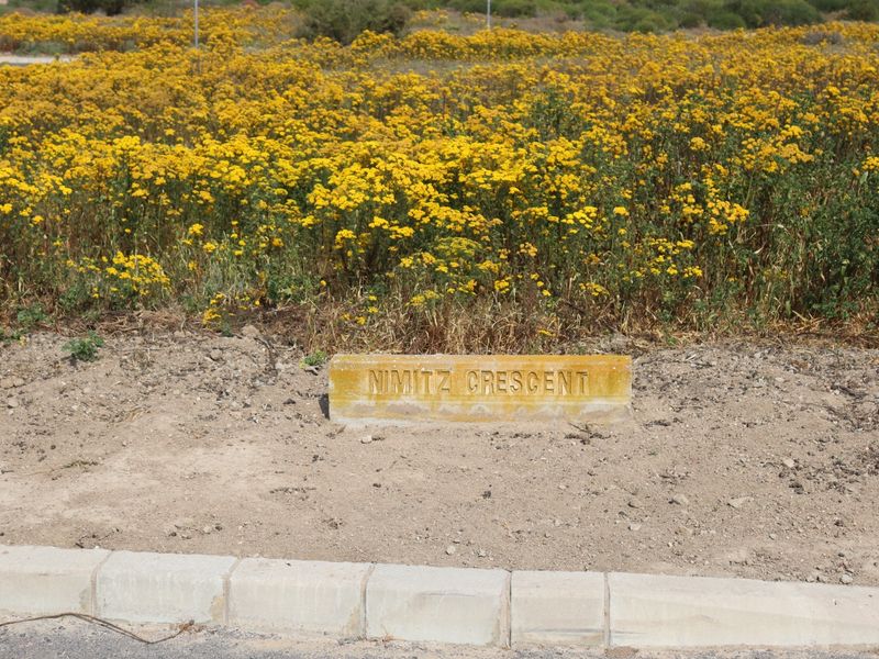 A street-level view showing the concrete kerbing and street name marker for Nimitz Crescent, set against a backdrop of natural vegetation.