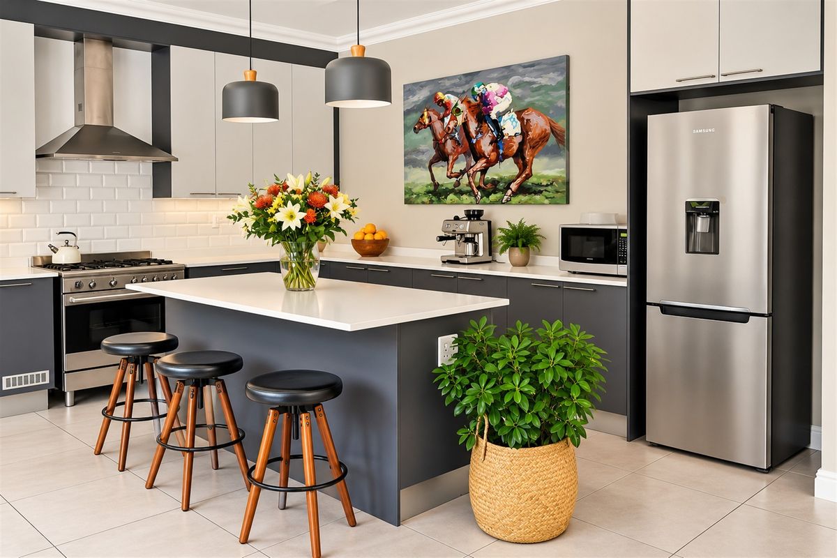 Modern kitchen featuring a central island with breakfast bar seating, quartz countertops, subway tile backsplash, and high-end stainless steel appliances.