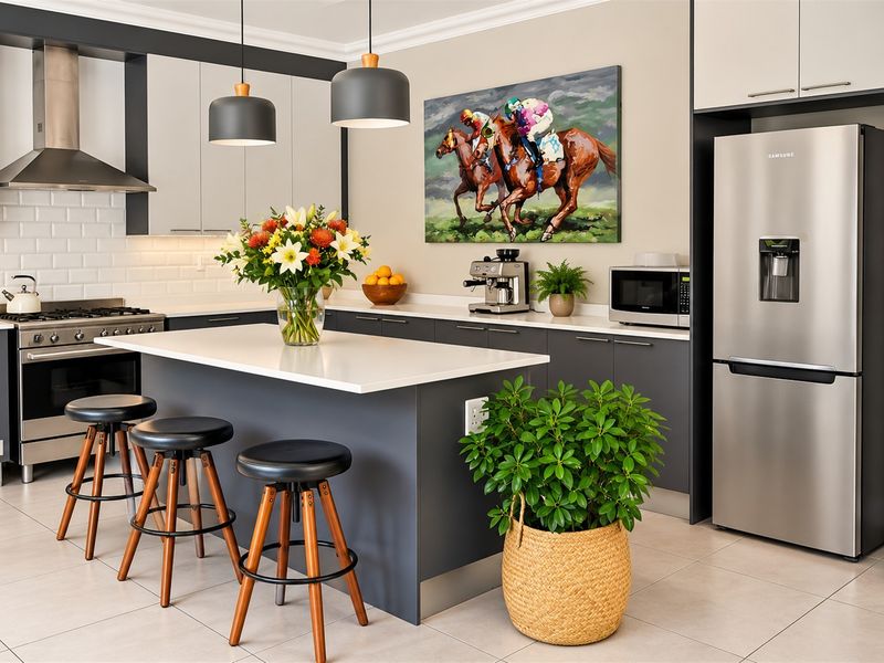 Modern kitchen featuring a central island with breakfast bar seating, quartz countertops, subway tile backsplash, and high-end stainless steel appliances.