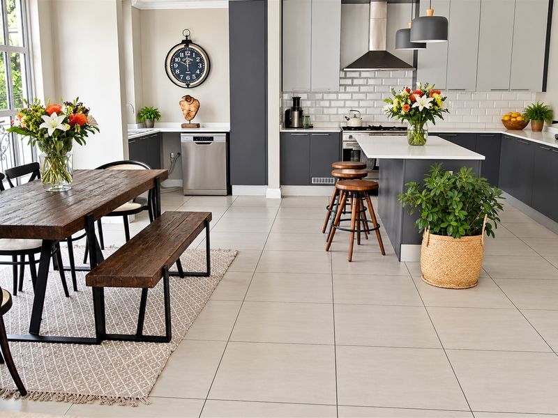 Modern open-plan kitchen and dining area featuring sleek cabinetry, a central island, subway tile backsplash, and large windows providing ample natural light.