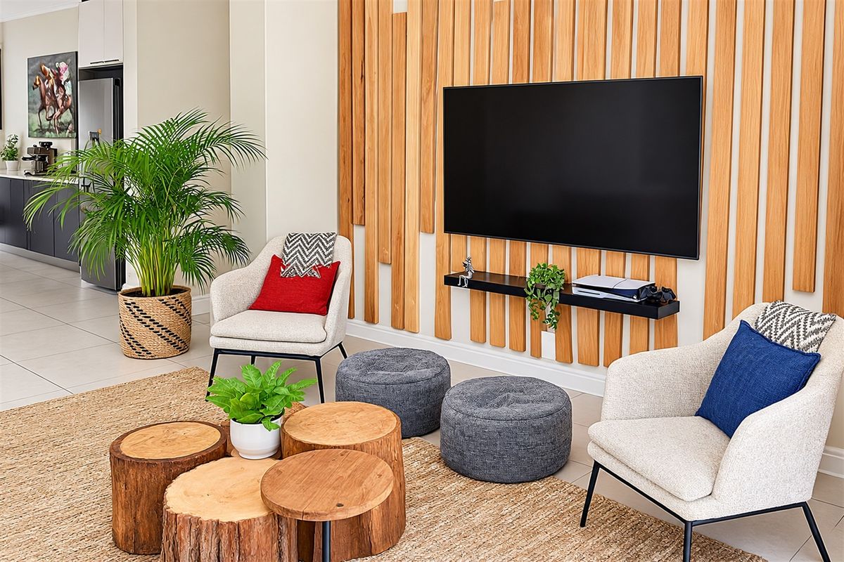 Modern living room featuring a stylish timber slat feature wall, neutral tiled flooring, and a sleek floating shelf.