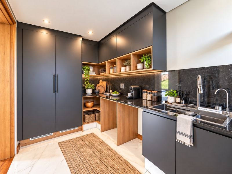 Modern scullery featuring sleek dark cabinetry, stone countertops, integrated sink, and warm under-cabinet lighting, providing a functional and stylish prep area.