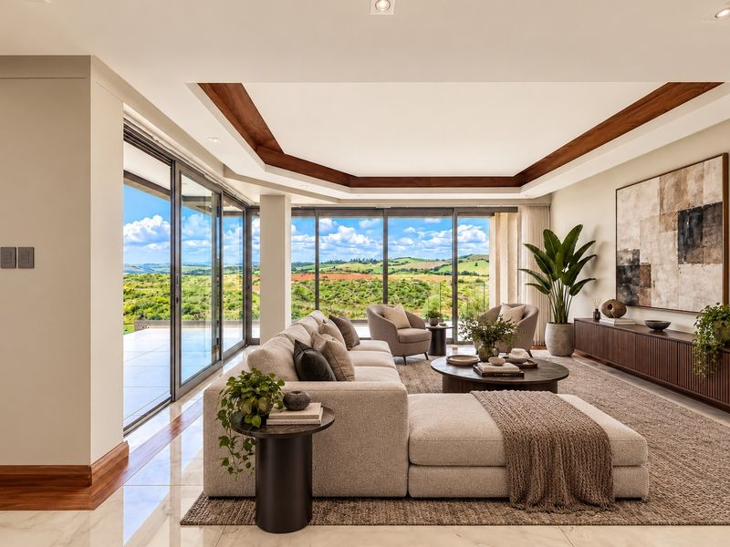 Spacious living room featuring high-end marble flooring, a decorative recessed ceiling with timber accents, and expansive floor-to-ceiling glass doors offering panoramic landscape views.