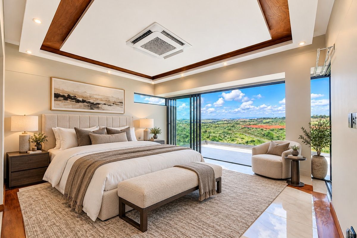 Luxurious master bedroom featuring a recessed ceiling with wood accents, ducted air conditioning, and expansive sliding glass doors opening to a scenic landscape view.