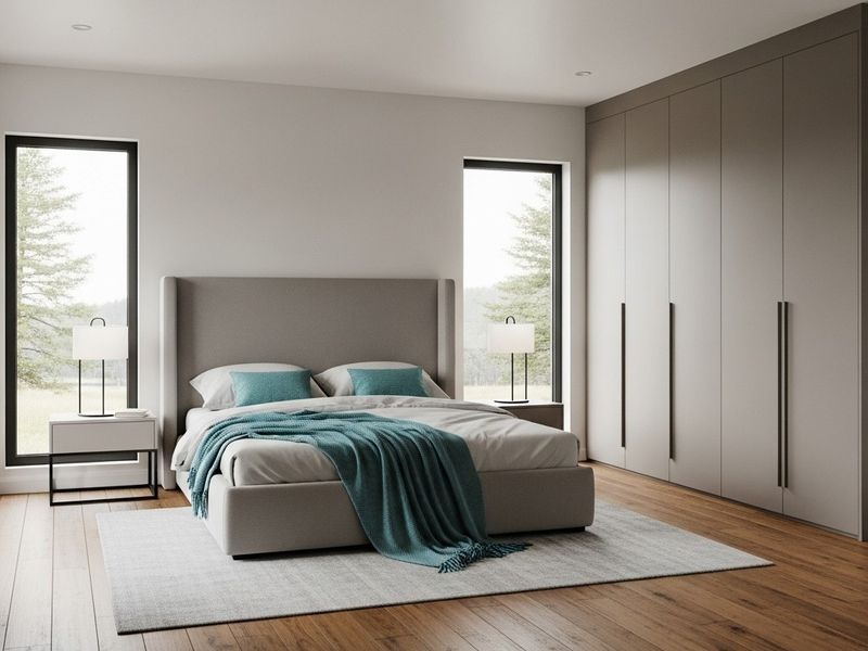 Modern bedroom featuring high-quality hardwood flooring, floor-to-ceiling built-in wardrobes, and large windows providing ample natural light.