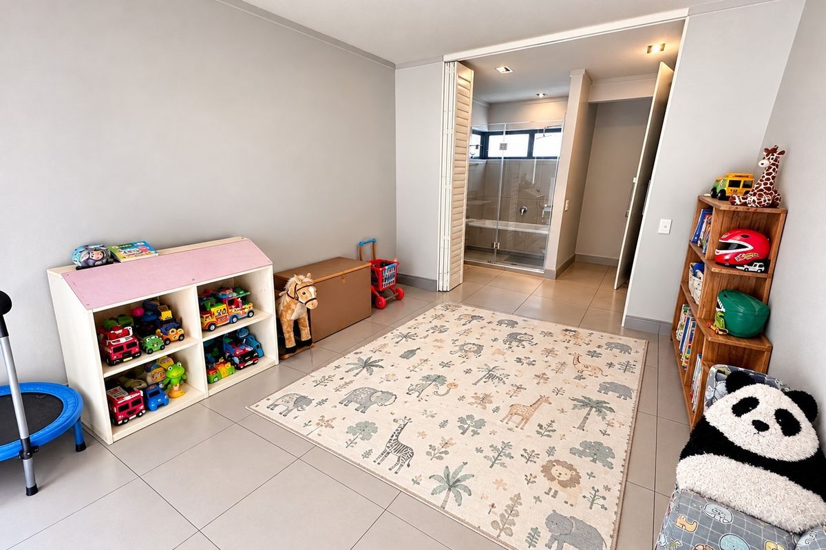 A spacious bedroom featuring neutral tiled flooring, recessed lighting, and direct access to an en-suite bathroom through bi-fold doors.