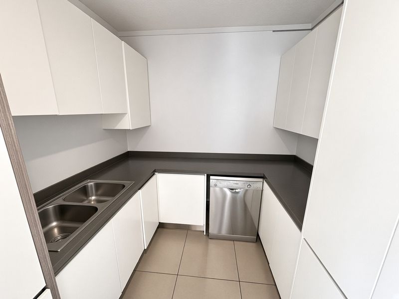 A clean and functional scullery featuring modern white cabinetry, dark stone countertops, a double stainless steel sink, and an integrated dishwasher.