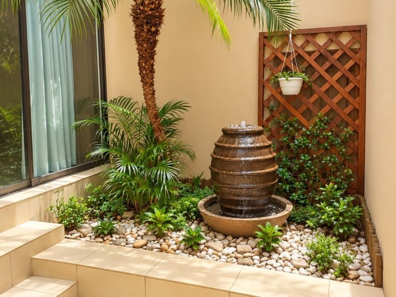 A well-maintained courtyard patio featuring tiled steps, a decorative water fountain, and a landscaped garden bed with a palm tree and wooden trellis.
