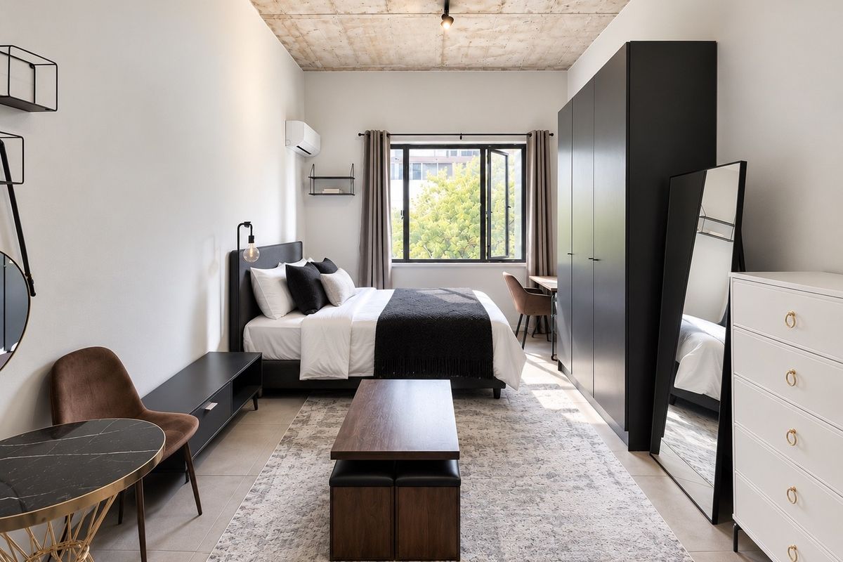Modern bedroom featuring an exposed concrete ceiling, tiled flooring, built-in wardrobe, and a split-system air conditioner.