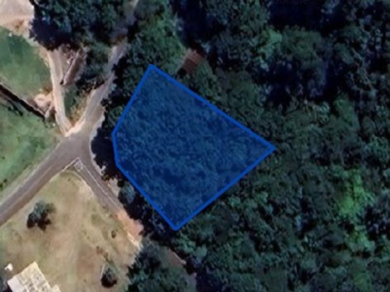 Aerial view of a vacant residential plot highlighted in blue, surrounded by dense vegetation and adjacent to a local road.