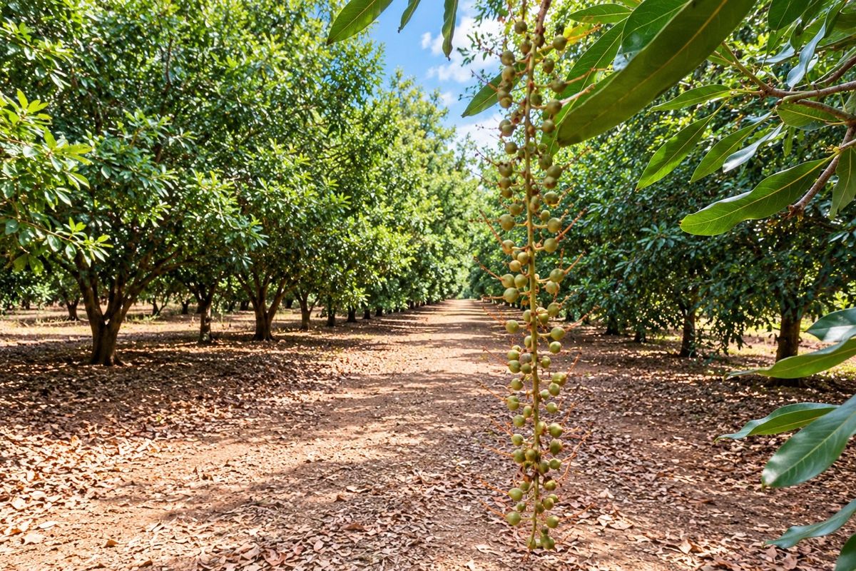 A well-maintained macadamia orchard featuring rows of mature trees with clear pathways, showcasing productive agricultural land.