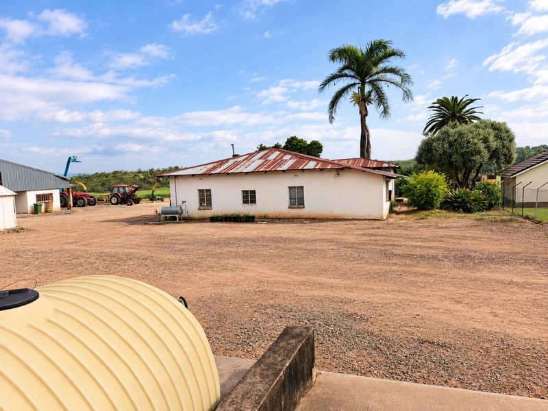 Rear view of a farm building featuring a corrugated metal roof and plastered masonry walls, set within a large open yard area.