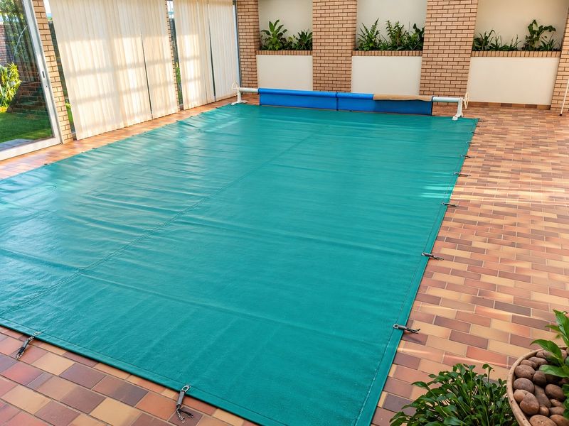 An enclosed pool area featuring a secure pool cover, roller mechanism, and integrated brick planter boxes set against a tiled patio surface.