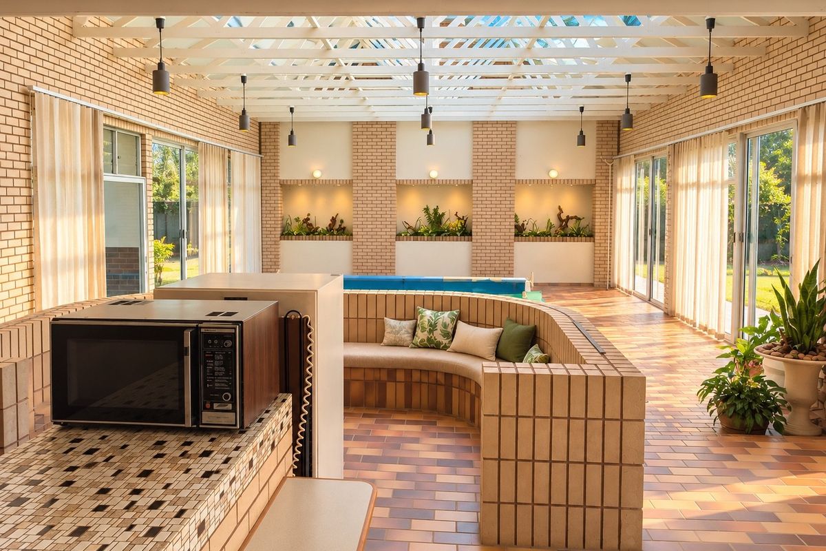 A spacious indoor pool area featuring brick masonry, a large skylight roof, built-in brick seating, and recessed wall niches, creating a bright and unique entertainment space.