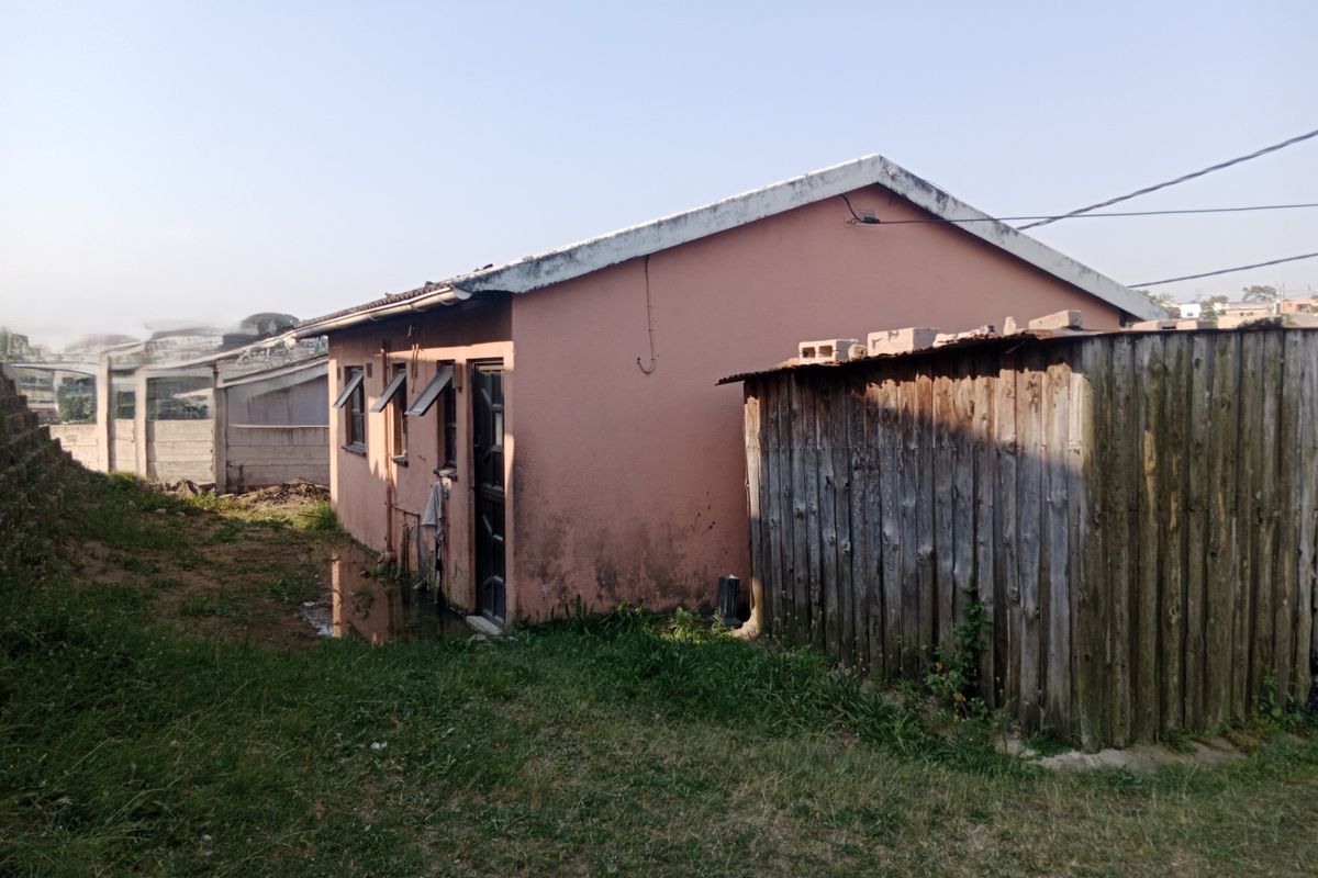 Rear view of the property showing the exterior wall, timber shed, and surrounding yard area with visible maintenance requirements.