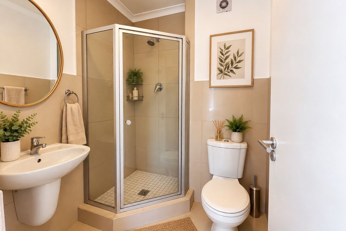 A well-maintained bathroom featuring a corner shower enclosure, pedestal basin, and toilet with neutral wall and floor tiling.