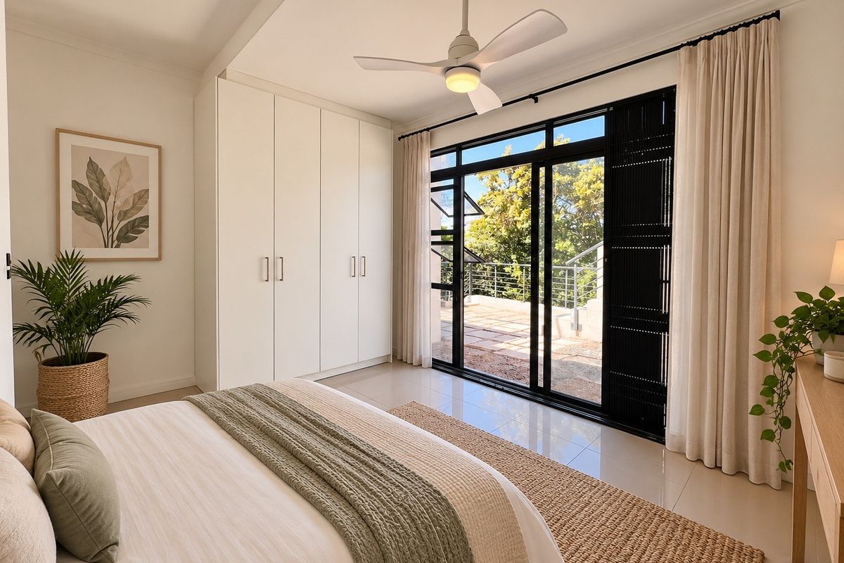 A bright, modern bedroom featuring built-in wardrobes, a ceiling fan, and large sliding glass doors that open onto an outdoor patio area.