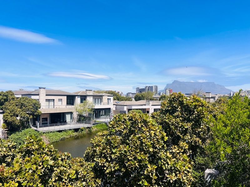 A scenic elevated view overlooking a tranquil waterway, lush greenery, and surrounding residential properties with a distant mountain backdrop.