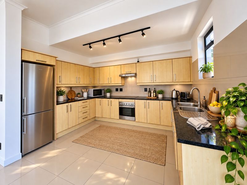 Modern kitchen featuring light wood cabinetry, granite countertops, stainless steel appliances, and functional track lighting in a clean, well-maintained space.