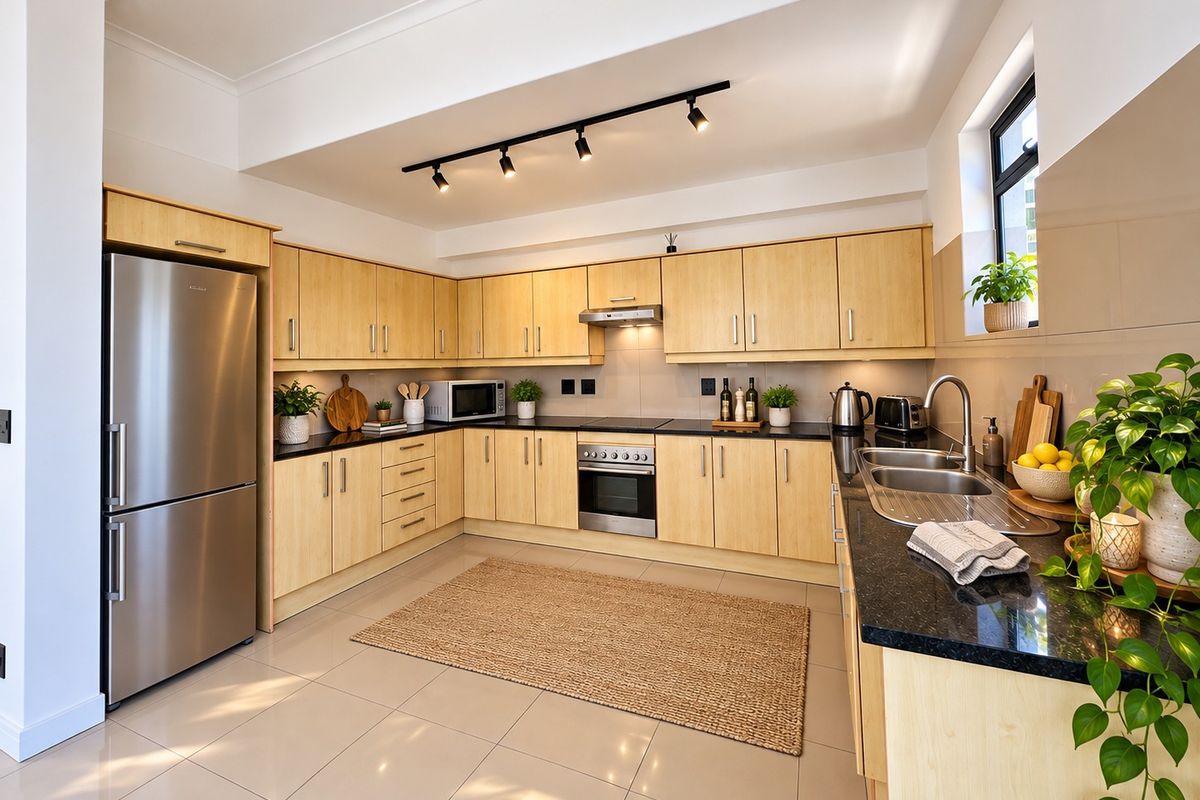 Modern kitchen featuring light wood cabinetry, granite countertops, stainless steel appliances, and functional track lighting in a clean, well-maintained space.