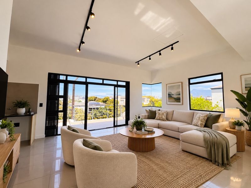 Spacious, light-filled living room featuring vaulted ceilings, modern track lighting, sleek tiled floors, and large sliding doors opening to a balcony with scenic views.