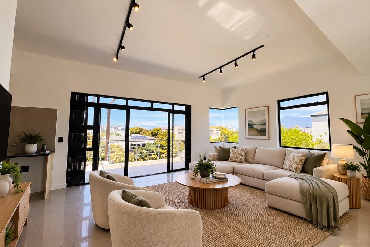Spacious, light-filled living room featuring vaulted ceilings, modern track lighting, sleek tiled floors, and large sliding doors opening to a balcony with scenic views.