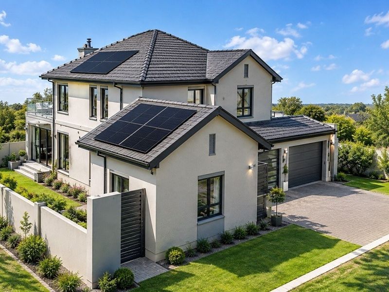 Modern double-story residence featuring a tiled roof, integrated solar panels, double garage, paved driveway, and a well-maintained landscaped garden.