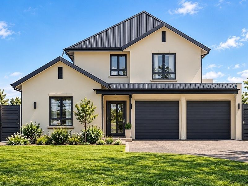 A modern double-story residential home featuring a double garage, metal roofing, and a well-maintained front garden with paved driveway access.