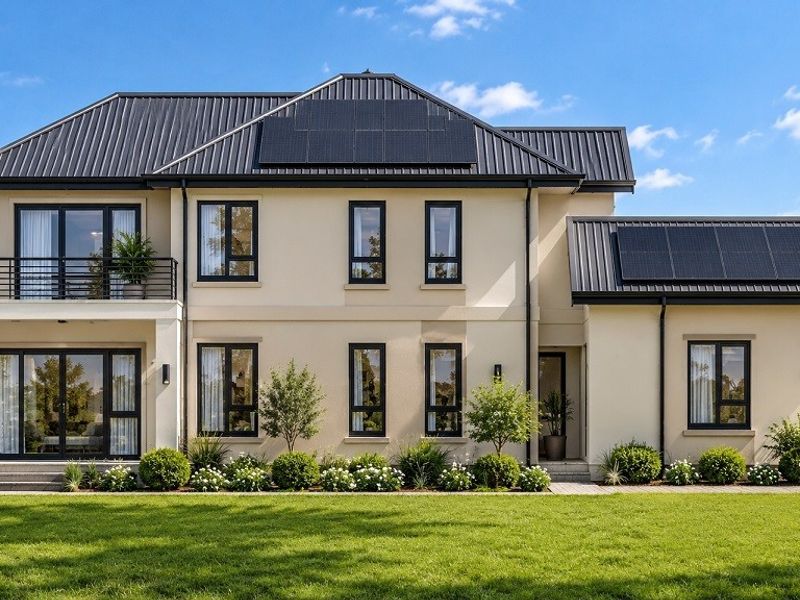 A modern two-story residence featuring a sleek metal roof with integrated solar panels, black-framed windows, and a spacious upper-level balcony overlooking a manicured lawn.