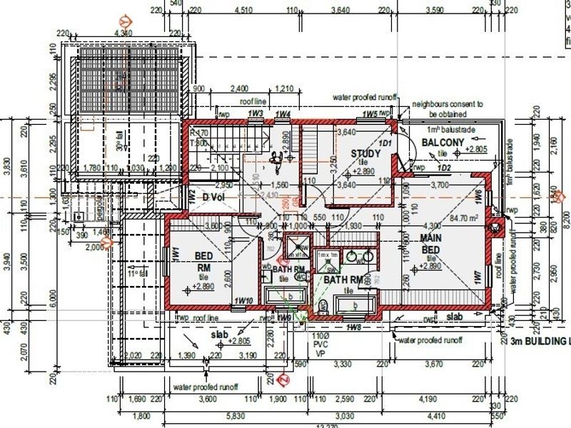 Detailed architectural floor plan showing the layout of the upper level, including bedrooms, bathrooms, a study, and a balcony.