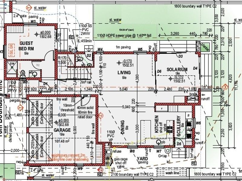 Architectural floor plan detailing the layout of the house, including living areas, kitchen, scullery, garage, and bedroom configurations.