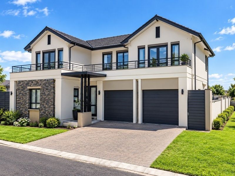 Modern double-story residence featuring stone cladding, a spacious balcony, and a double garage with a paved driveway and manicured front lawn.