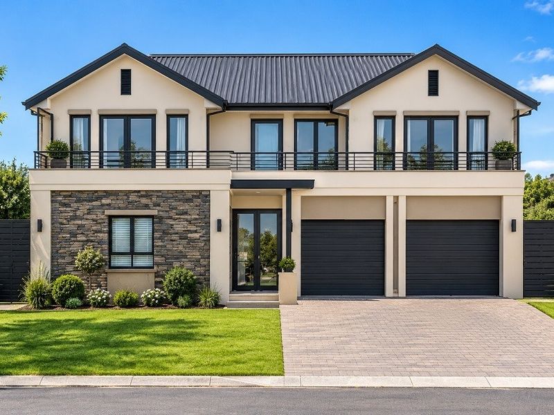 A modern double-story residence featuring a stone-clad facade, double garage, upper-level balcony, and a well-maintained front garden with a paved driveway.