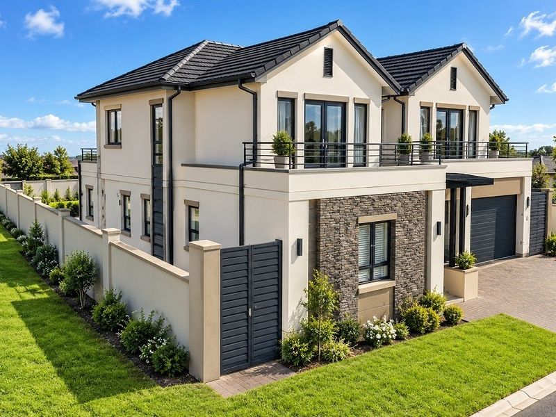 Modern double-storey home featuring stone cladding, a tiled roof, a balcony with metal railings, and a paved driveway with a double garage.