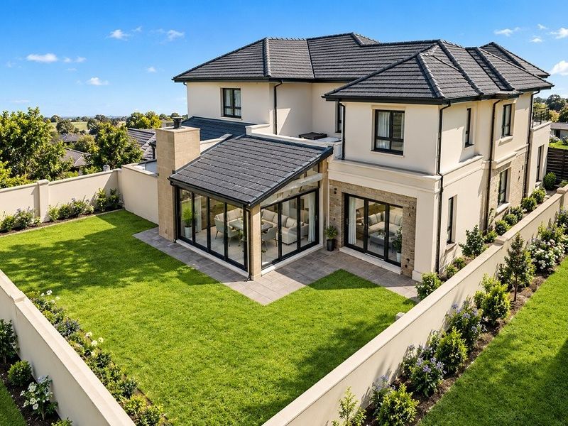 Aerial view of the rear elevation featuring a modern tiled roof, stone accents, expansive sliding glass doors, and a well-maintained garden with boundary walls.