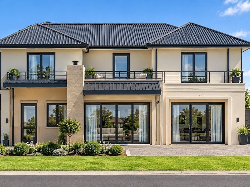 A modern two-story residence featuring a metal roof, expansive sliding glass doors, a spacious balcony with metal railings, and a well-maintained rear garden.