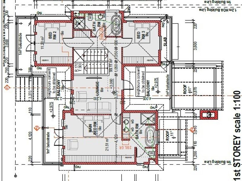 Architectural floor plan for the first storey of the house, detailing the layout of bedrooms, bathrooms, lounge, and balcony areas.