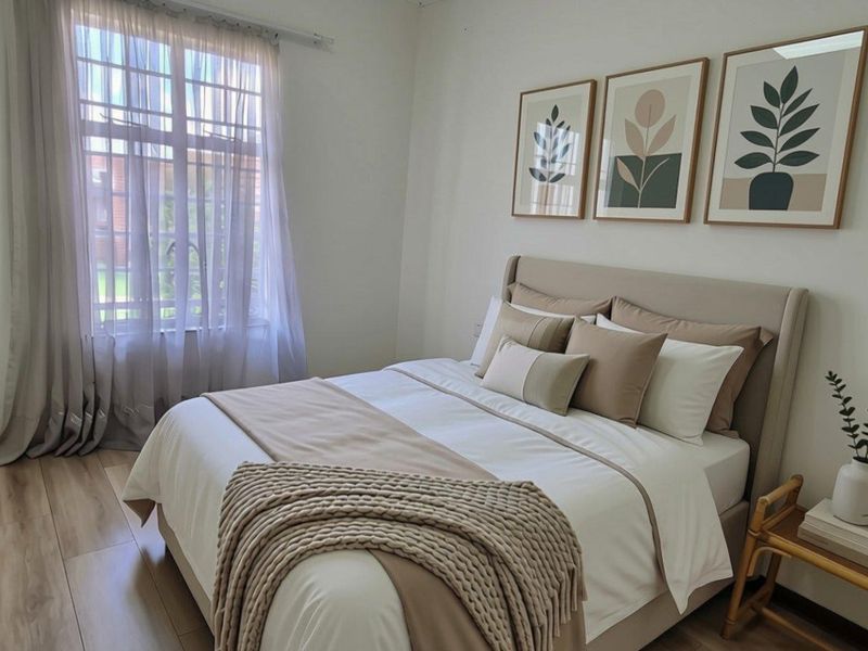 A well-maintained bedroom featuring light-toned laminate flooring and a large window, creating a bright and comfortable living space.