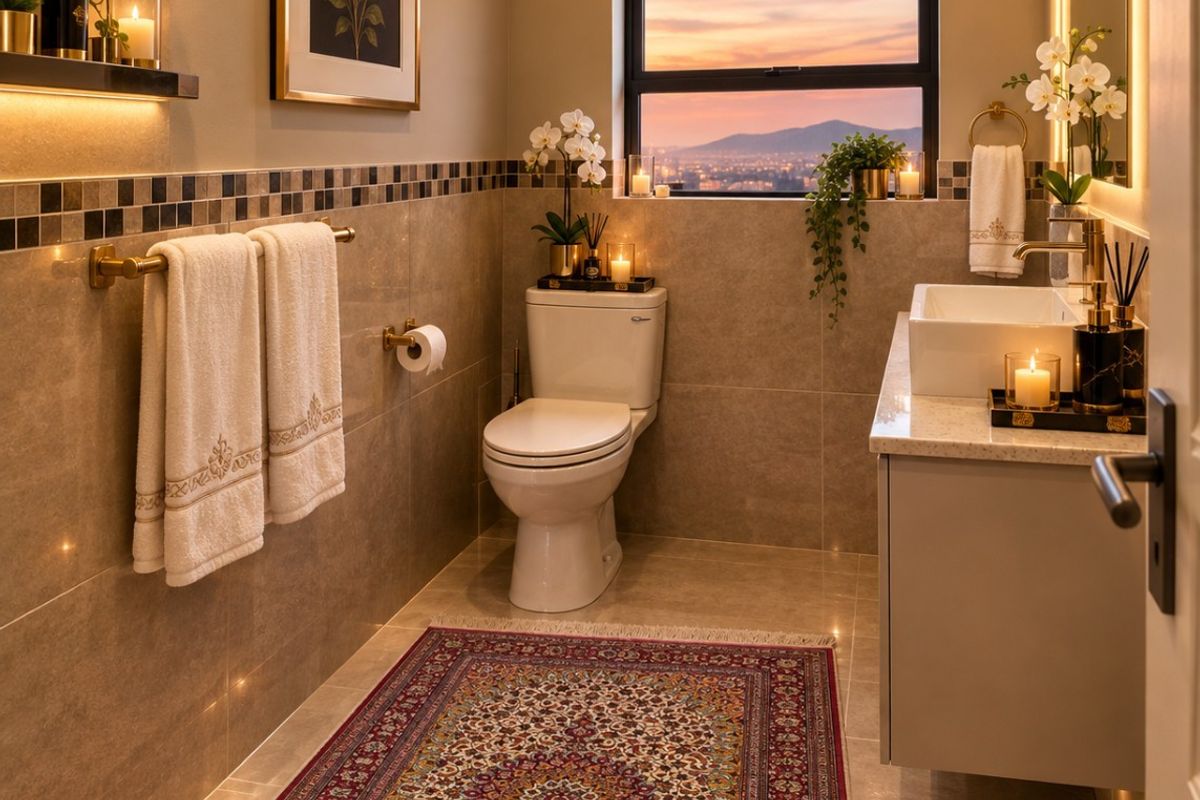 Modern bathroom featuring a wall-mounted vanity with vessel sink, backlit mirror, tiled finishes, and a window with scenic sunset views.