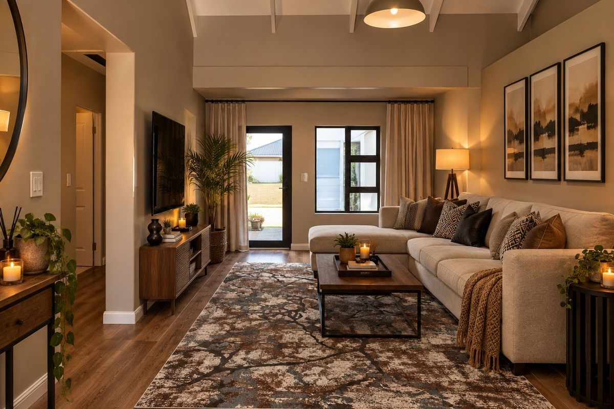 A well-appointed living room featuring vaulted ceilings with exposed rafters, warm laminate flooring, and direct access to the rear garden through a glass door.