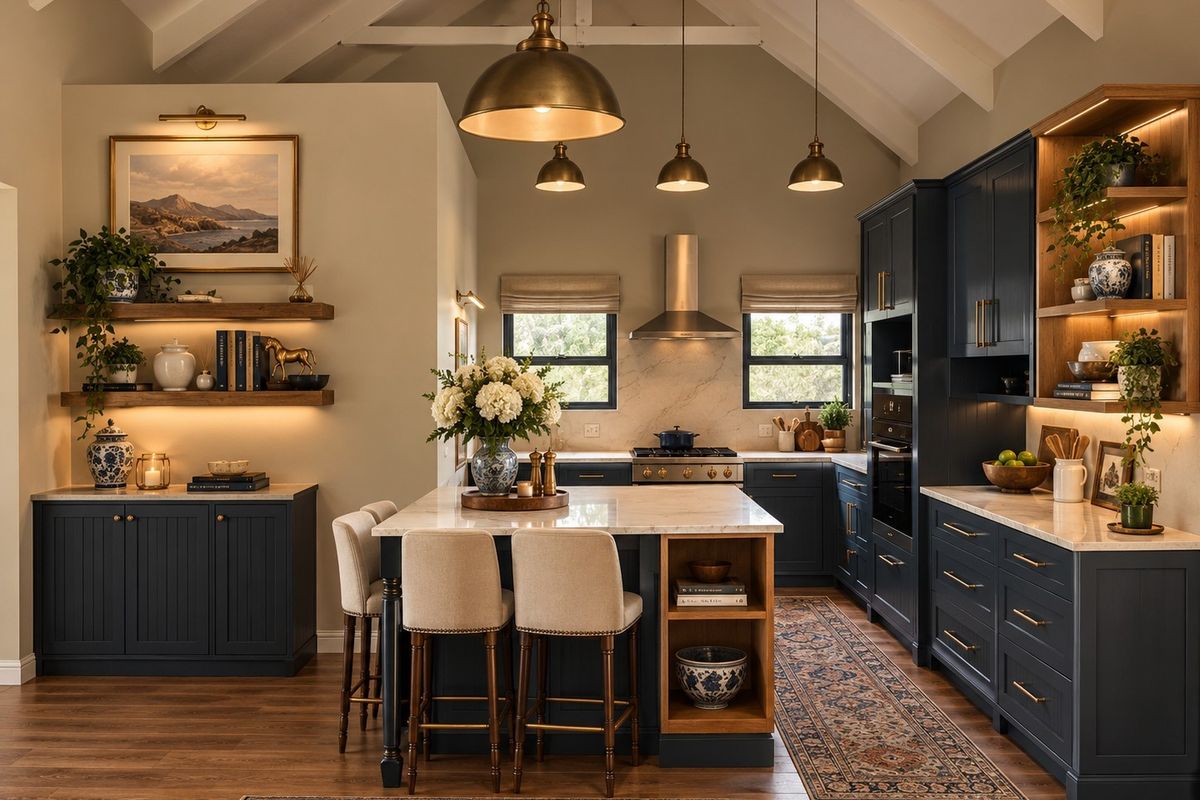 A beautifully appointed kitchen featuring dark cabinetry, stone countertops, a central island, and vaulted ceilings with exposed beams, creating a sophisticated and functional space.
