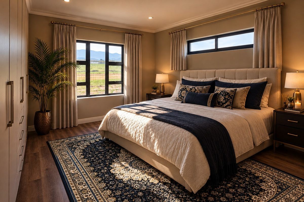 A well-appointed bedroom featuring built-in cupboards, laminate flooring, recessed lighting, and large windows offering scenic views.