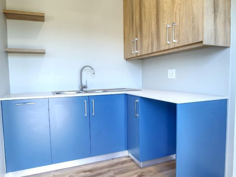 A clean, modern scullery featuring blue base cabinets, wood-look upper cabinetry, a stainless steel sink, and light wood-tone laminate flooring.