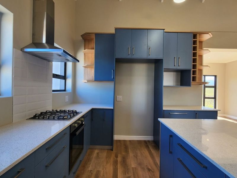 Modern kitchen featuring blue cabinetry, quartz countertops, gas hob, built-in oven, extractor fan, and wood-look laminate flooring in an open-plan layout.