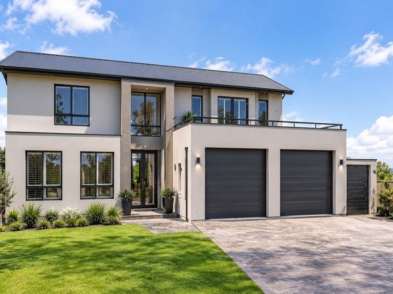 Modern double-story residence featuring a double garage, paved driveway, landscaped front garden, and an upper-level balcony with contemporary architectural finishes.