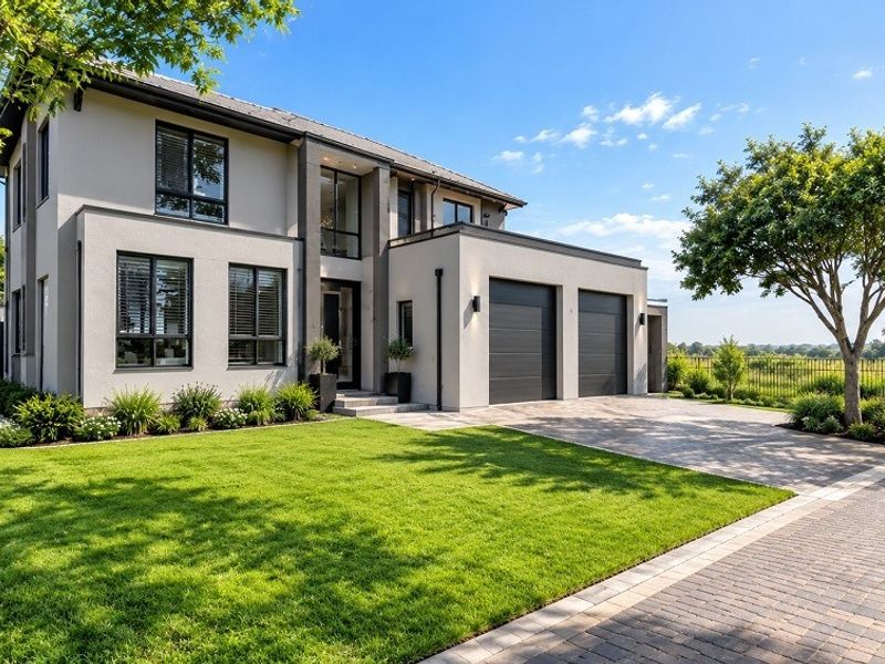 A modern double-story residence featuring a double garage, paved driveway, and well-maintained landscaped garden, showcasing contemporary architectural design and high-quality finishes.