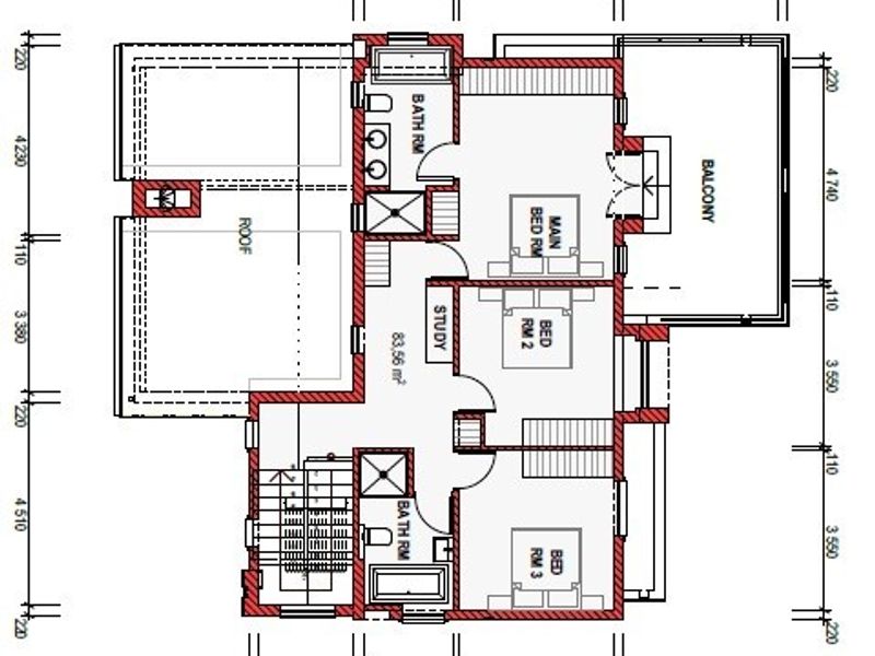 Architectural floor plan showing the layout of the upper level, including three bedrooms, a study, two bathrooms, and a balcony.