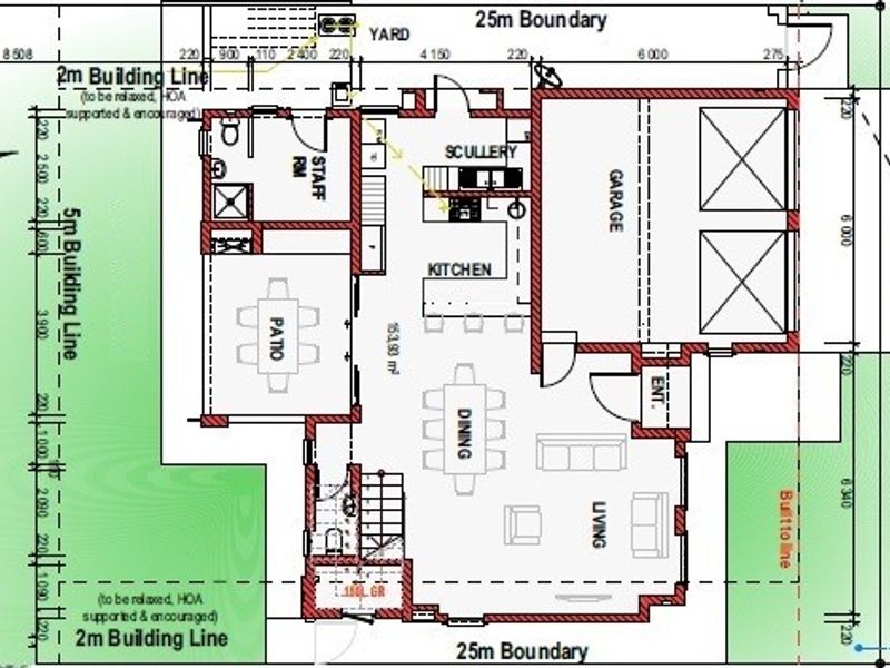 Architectural floor plan showing the layout of the ground floor, including living areas, kitchen, scullery, garage, and patio.